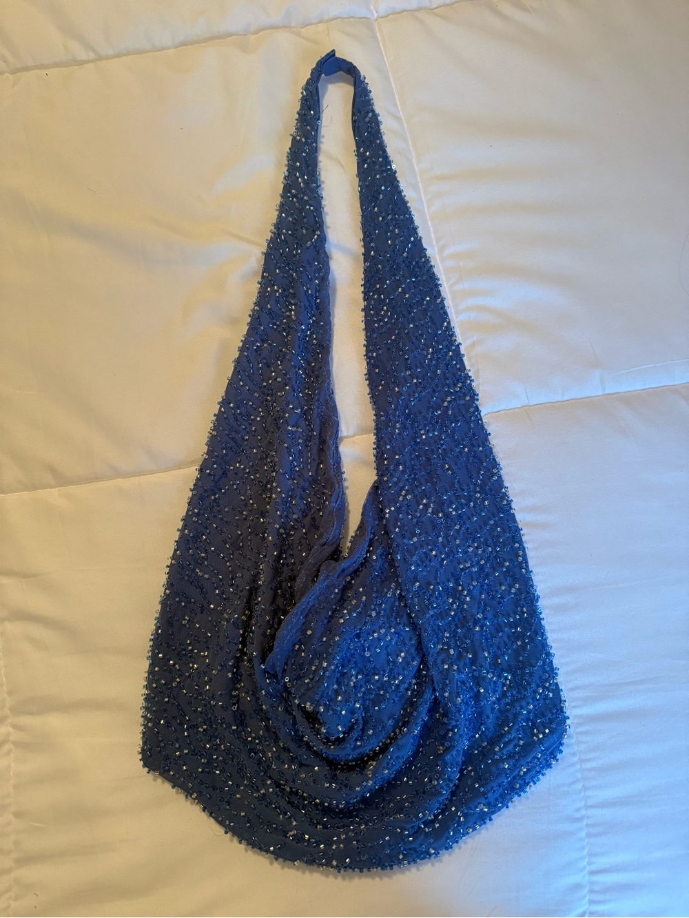 White Fox Boutique Beaded Blue Cowl Neck Top